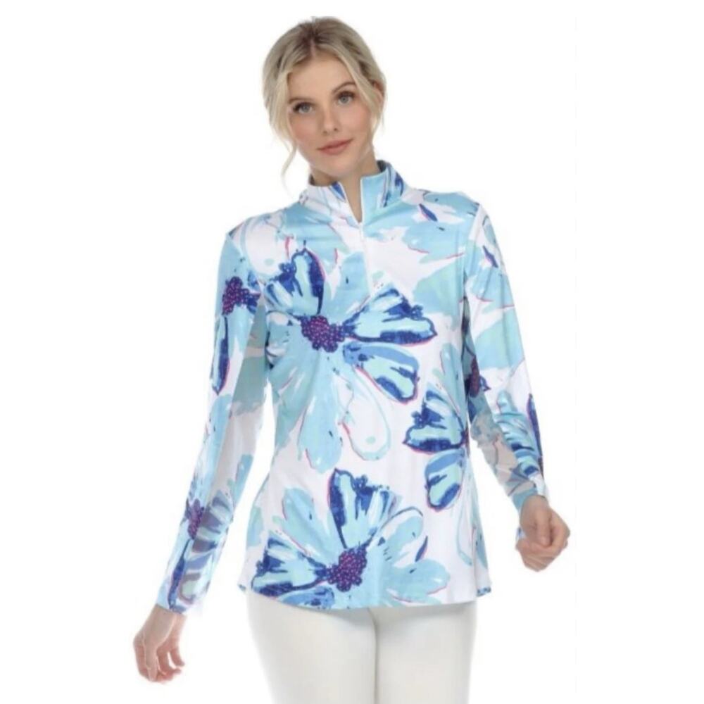 Tango Mango Top 1/4 Zip Mock Neck Mesh Sleeve White Blue Floral 1X